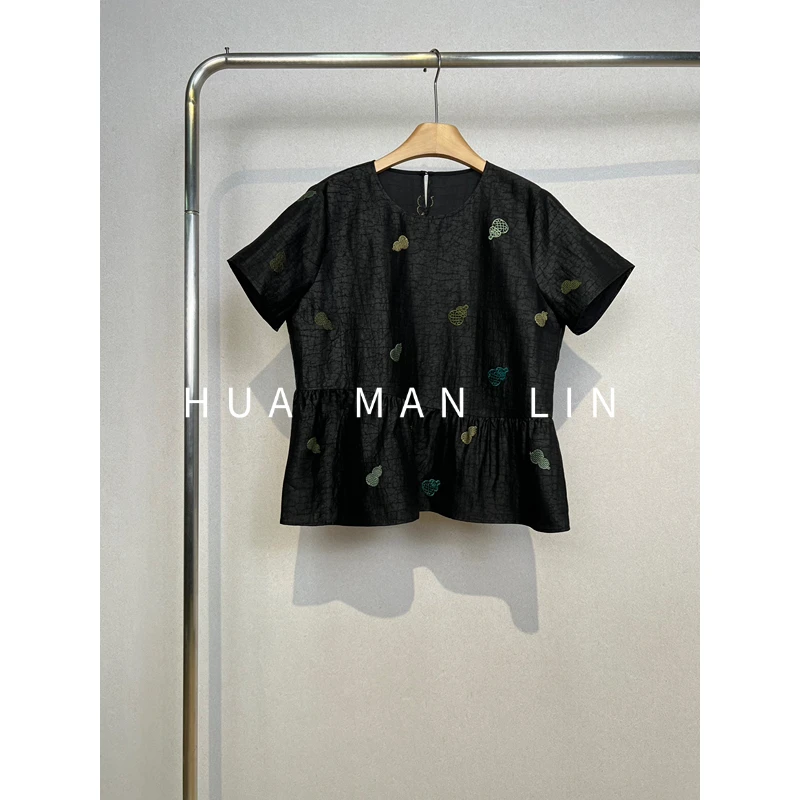 【花满林】‘福禄寿’圆领重工刺绣龟裂纹香云纱桑蚕丝上衣259375