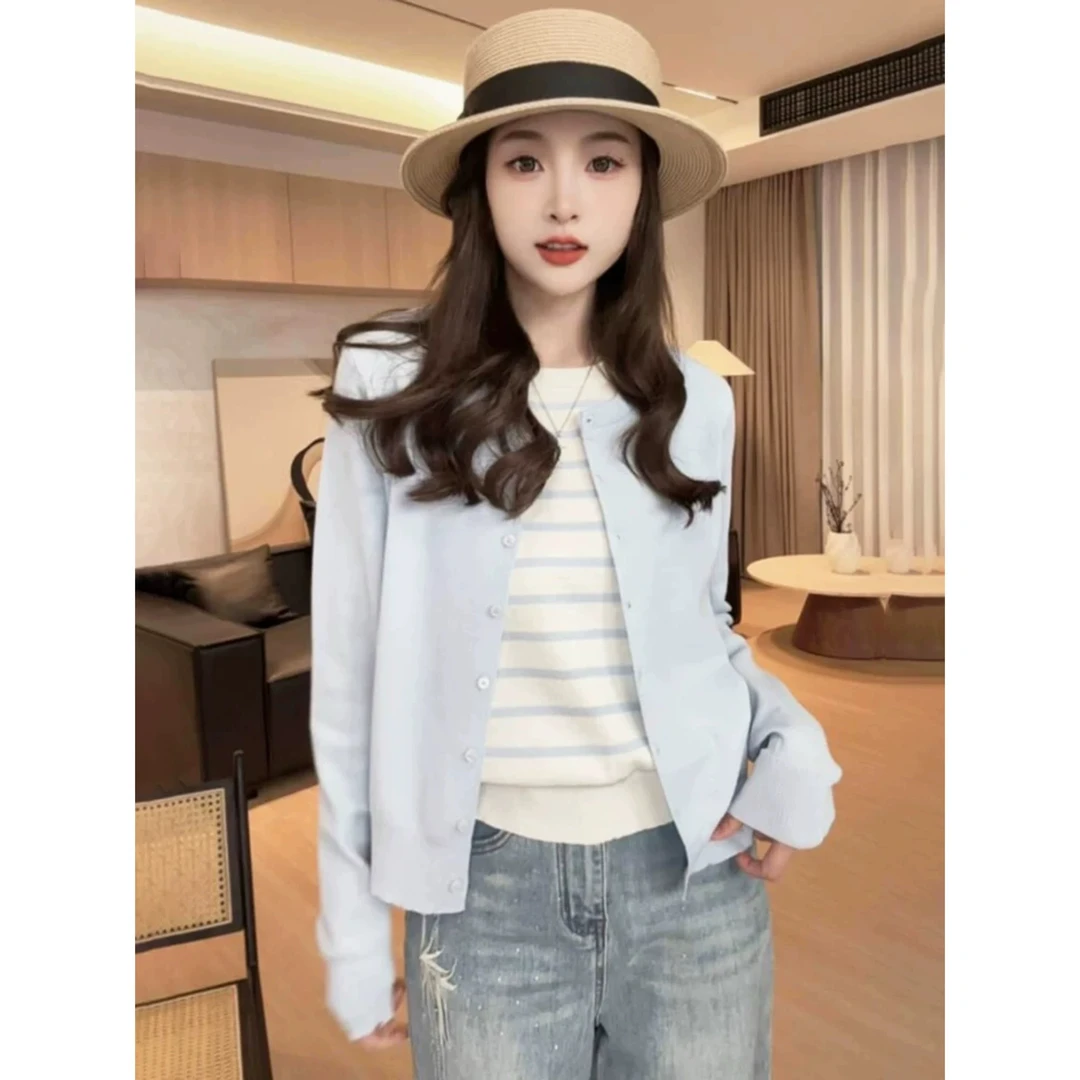 高级感蓝色假两件针织开衫女装春2025年新款上衣修身条纹毛衣