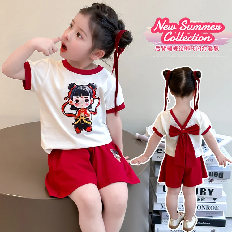 女童短裤蝴蝶结套装夏款2025新款休闲夏季卡通动漫中小童哪吒衣服
