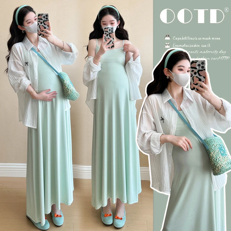 大码孕妇装夏季新款洋气韩版时尚法式吊带连衣裙重工刺绣防晒衬衫