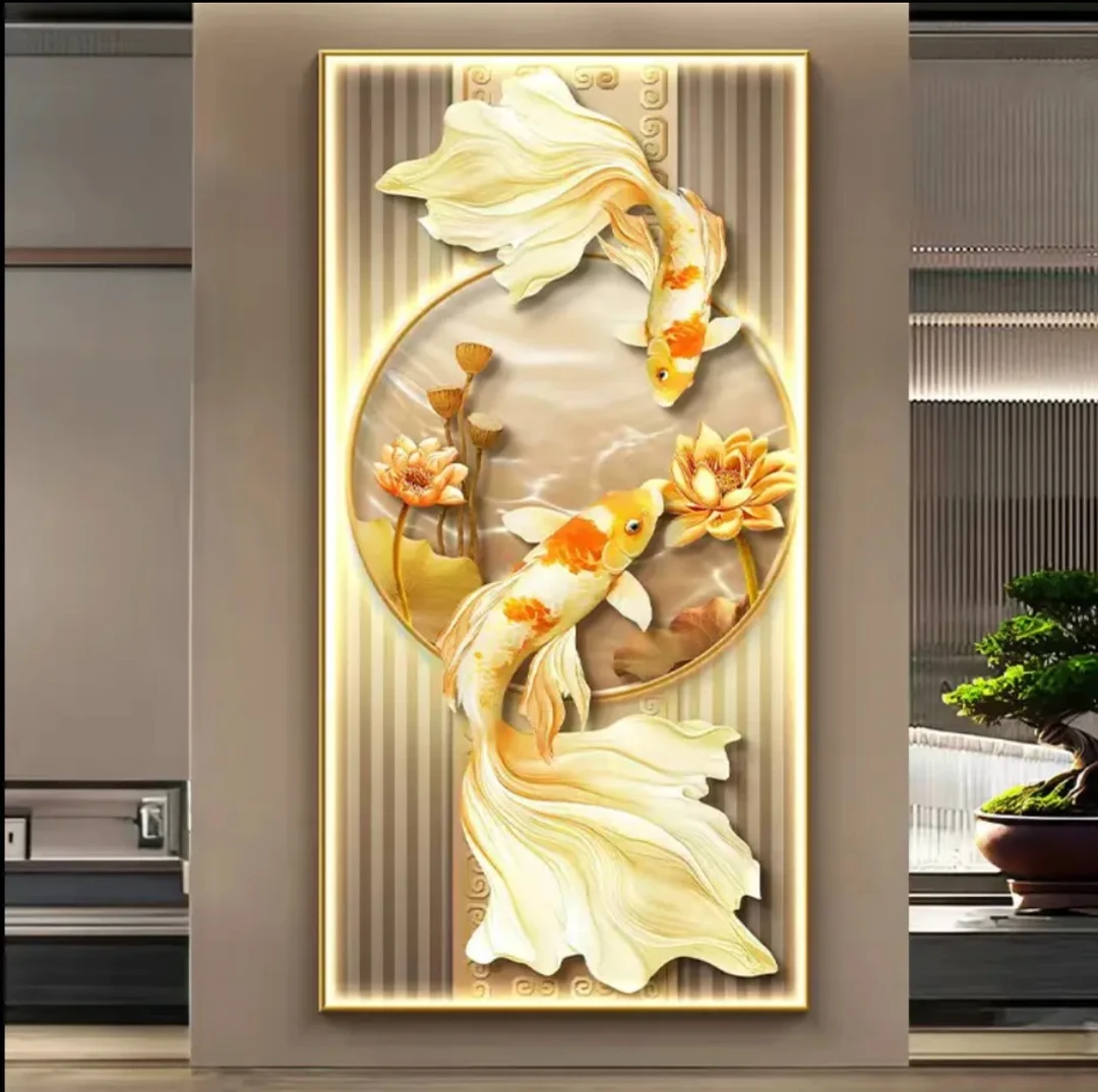 轻奢玄关装饰画锦鲤招财走廊挂画新中式带灯挂画