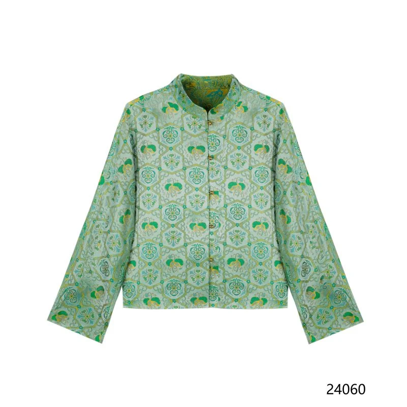LL 2025青草绿柿柿如意宋锦提花新中式长袖短外套 24060