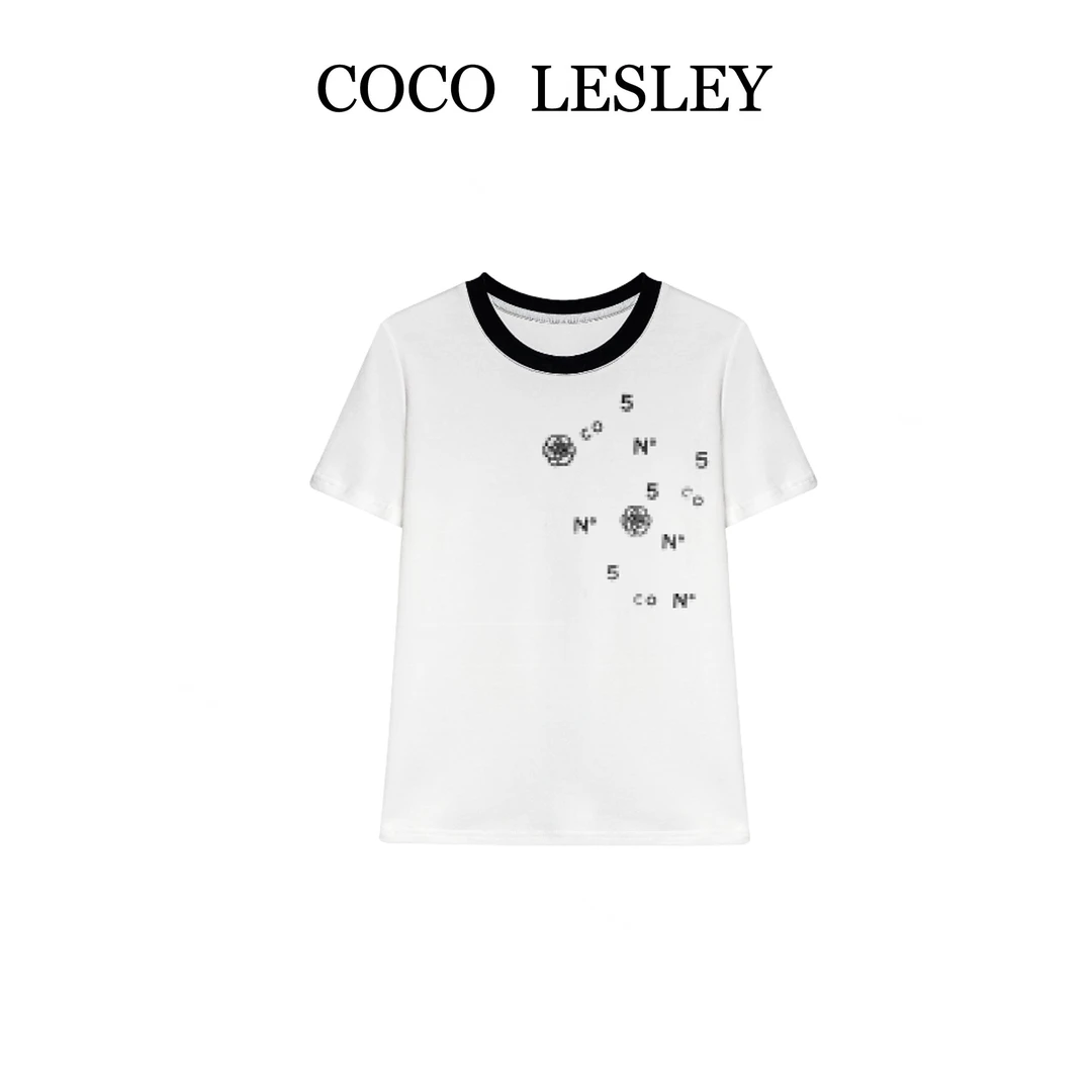 【COCO LESLEY】66920#轻奢拼接字母印花T恤衫2025夏百搭个性上衣