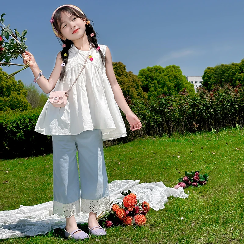 女童裤子夏装儿童蕾丝拼接牛仔裤2025新款洋气女孩休闲裤阔腿裤潮