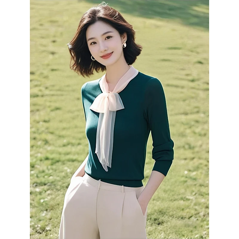 软糯毛衣通勤穿搭名媛上衣春款2025女装墨绿针织衫飘带设计感小众