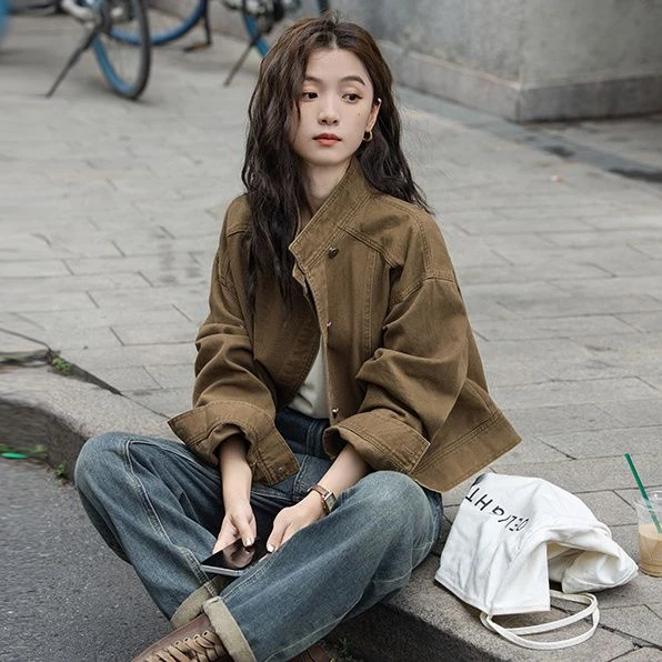 复古咖色外套牛仔短外套2025春季新款宽松夹克工装立领个性上衣女