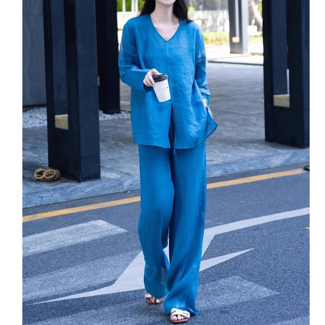 高端老钱风亚麻衬衫套装女夏季慵懒宽松静奢棉麻衬衣阔腿裤两件套