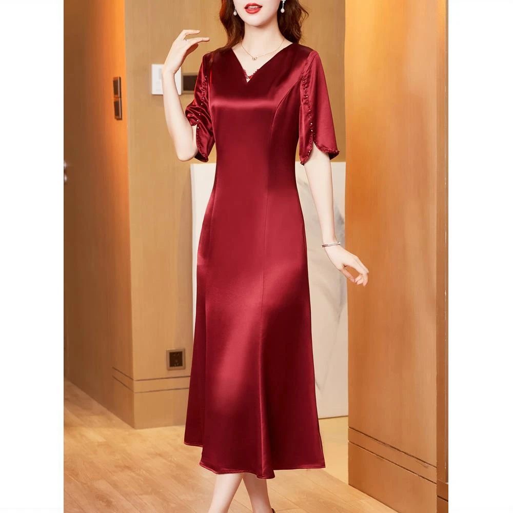 高端醋酸婚礼妈妈礼服旗袍连衣裙2025中长款年轻喜婆婆婚宴装高贵