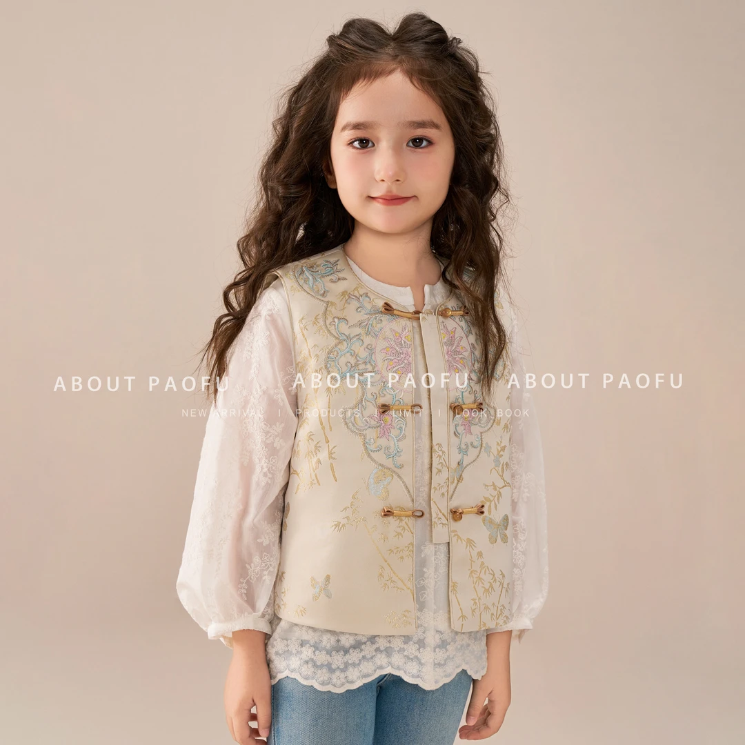 【竹影云绣】泡芙定制 新款儿童中国风中式定位刺绣马甲 DY1250347