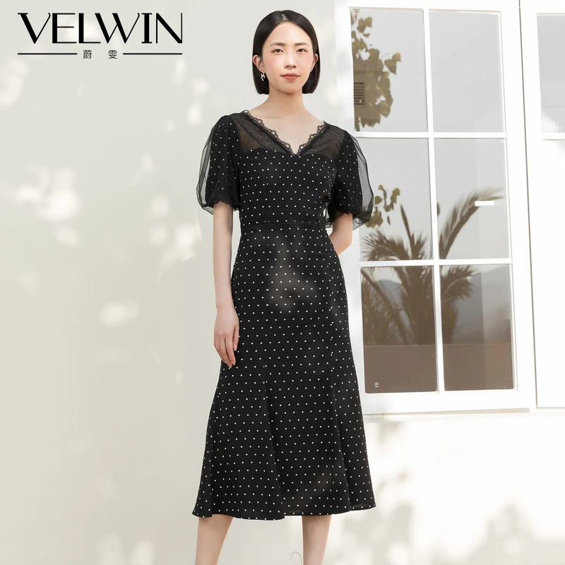 velwin蔚雯夏季新款修身中长款黑色连衣裙女LELL303B08黑白WV