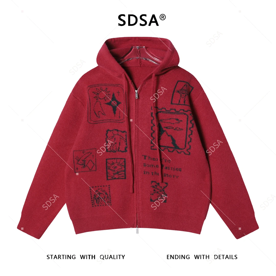 SDSA秋冬新款痞帅男装撞色趣味图案拉链连帽毛衣百搭开衫针织衫