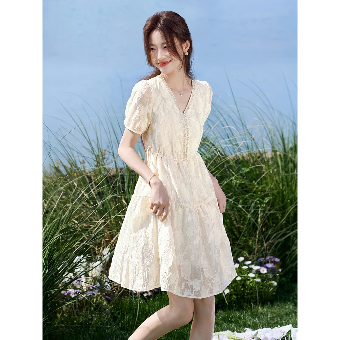 香颂假日裙子2025夏季新款法式千金感抽绳系带短袖连衣裙温柔