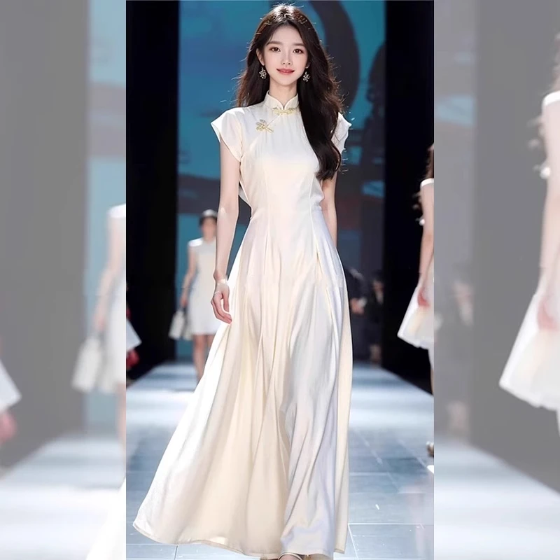 新中式国风女装改良旗袍裙子端庄大气白色连衣裙长裙2025新款夏季