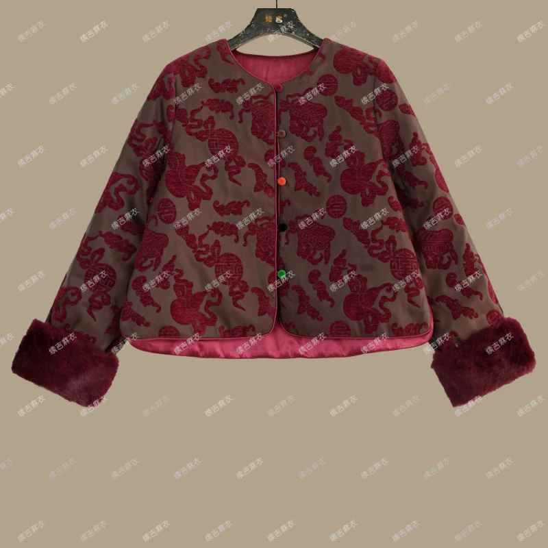 原创设计24-2144【鸿运当头】宽松圆领彩扣新中式夹棉棉衣