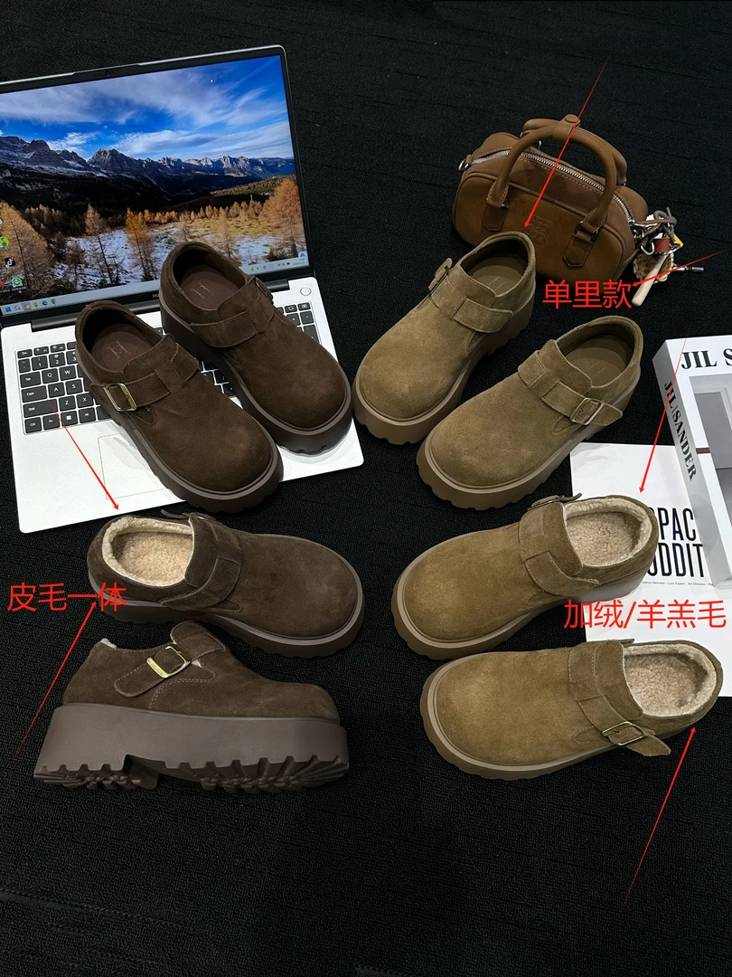 跟高6cm 皮毛一体冬季新款加绒勃肯鞋鞋子百搭增高圆头鞋 6-952
