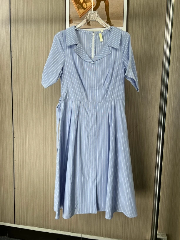 7357欧货品牌撤柜fg女装春夏新款时尚气质竖条纹收腰连衣裙