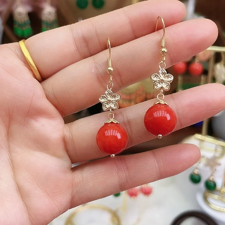 石英质玉耳钉合金橘红色金色小花配件