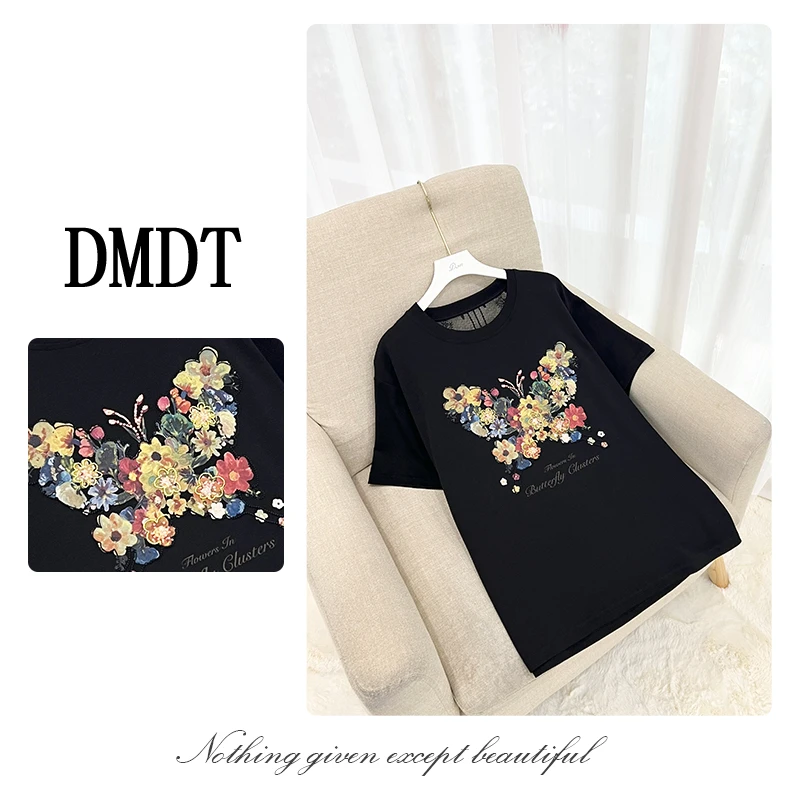 【DMDT潮牌】2025夏季新品 “蝶恋花语”印花蝴蝶亮片蕾丝女T恤A35927