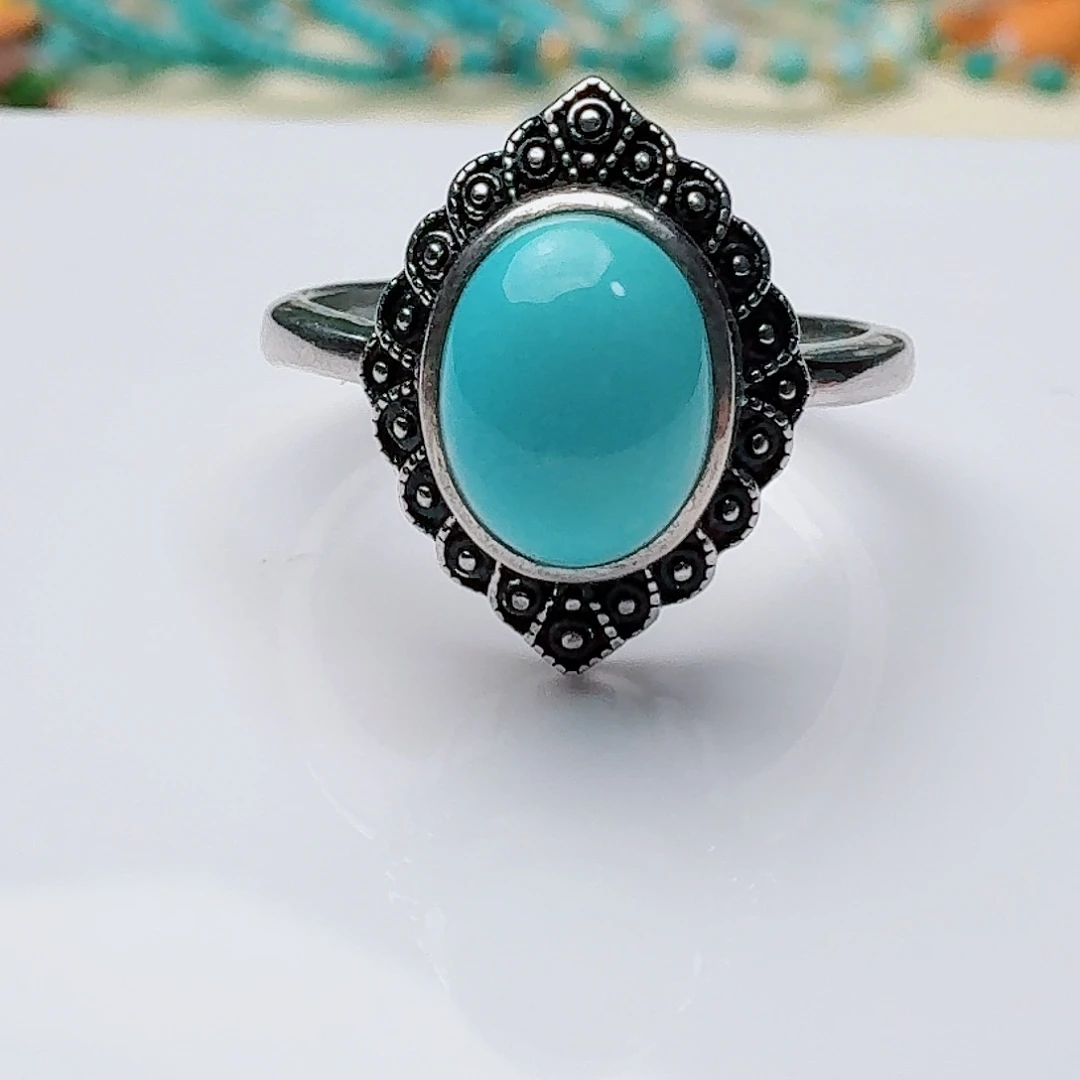 绿松石银S925镶嵌高瓷天空蓝复古银女戒食指戒