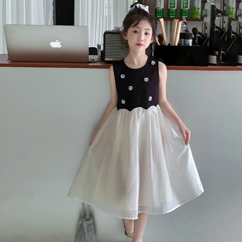 女童连衣裙夏季2025新款女孩拼接公主裙中大童亮钻花朵无袖裙子潮