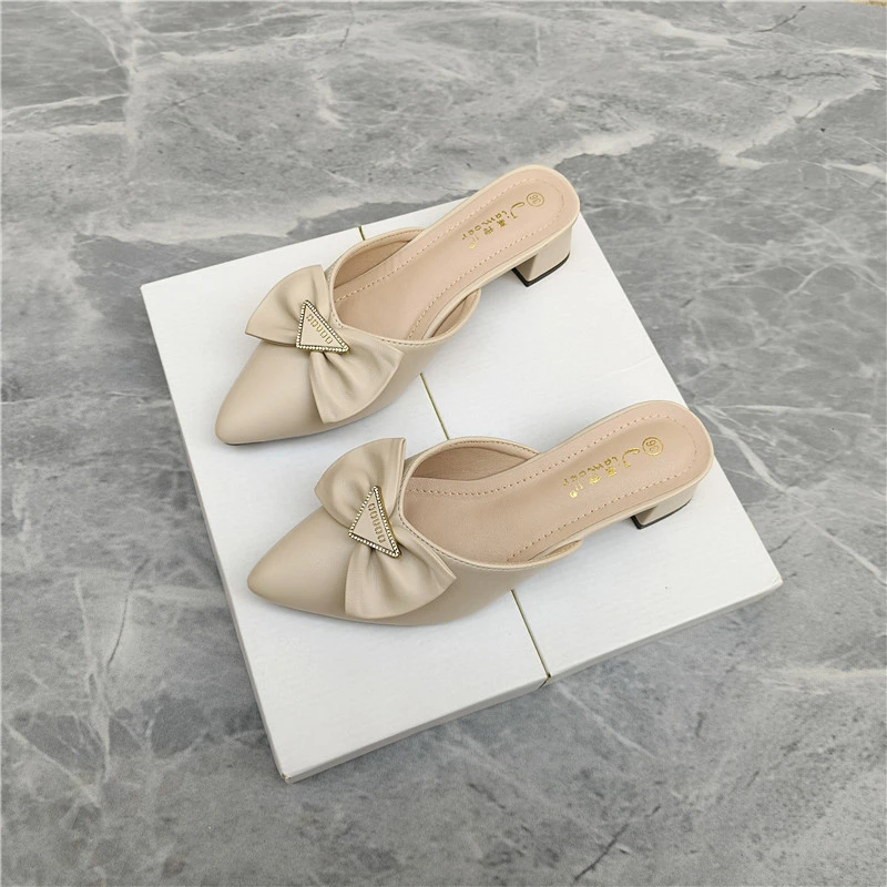 小香风包头半拖鞋2025秋季新款粗跟蝴蝶结中跟尖头仙女法式凉拖鞋