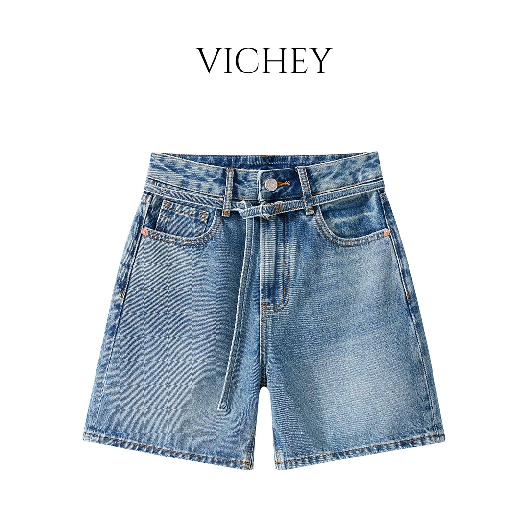 VICHEY [雪绒]夏季女士设计师休闲百搭四分裤牛仔中裤-D2310
