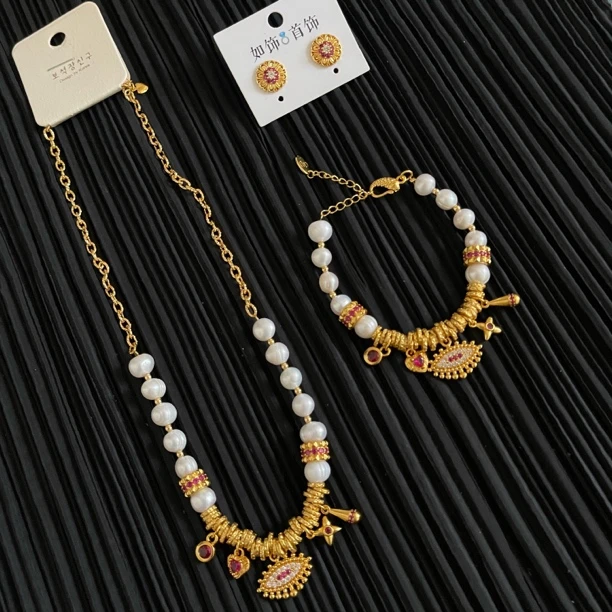 铜合金仿珍珠项链 如饰 古法眼睛手工三件套套装时尚复古气质百搭