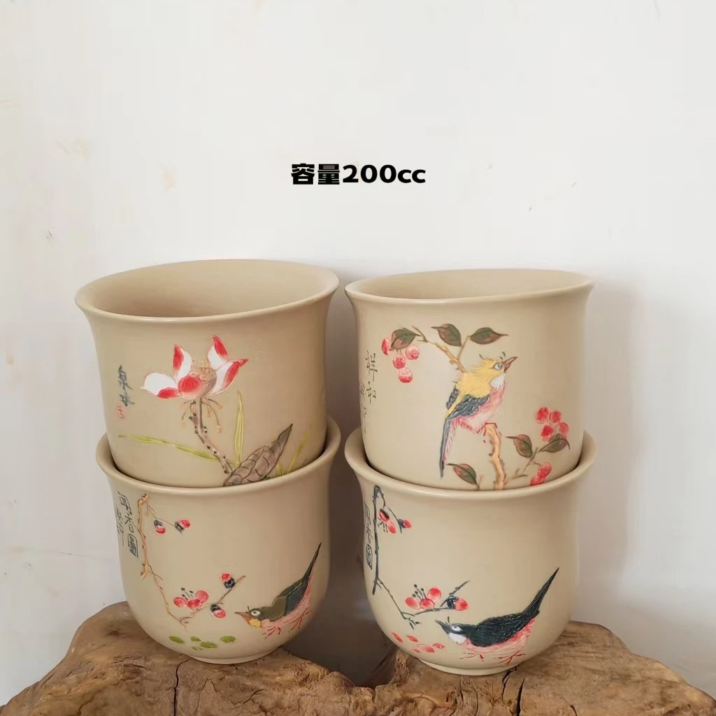 云南建水紫陶复烧刻绘茶杯手工复古风主人杯品茗杯高档喝茶杯子