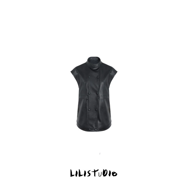 PCNY「时尚新宠」不理理冬季新款女装简约皮背心纽扣设计无袖外套