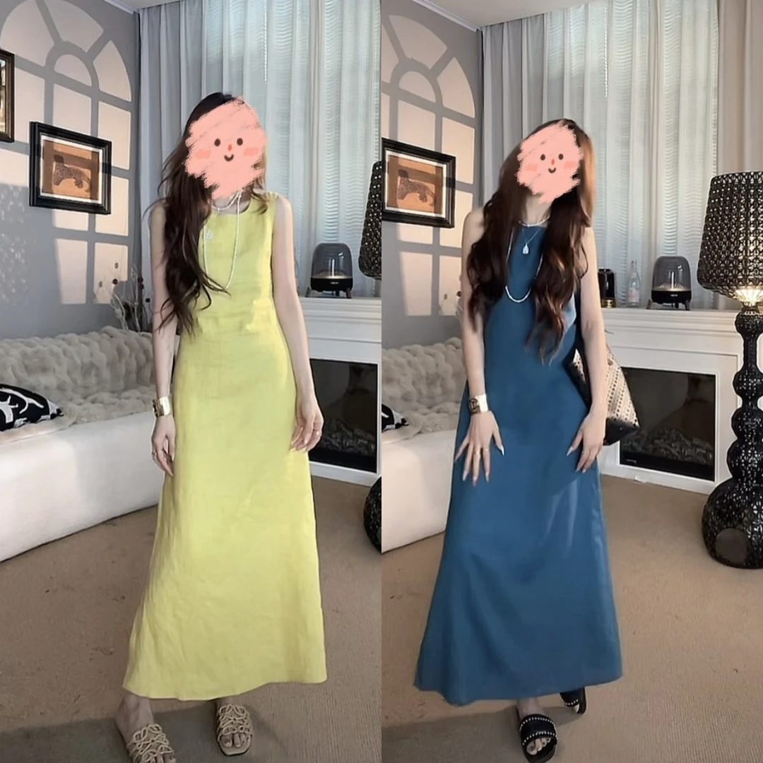 2025夏季新款法式圆领无袖显瘦露后背连衣裙女显瘦A摆侧开衩长裙