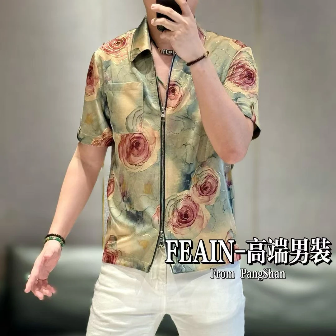 高端定制丝柔贡缎立体错金工艺牡丹花男士上下开拉链短袖夹克5201