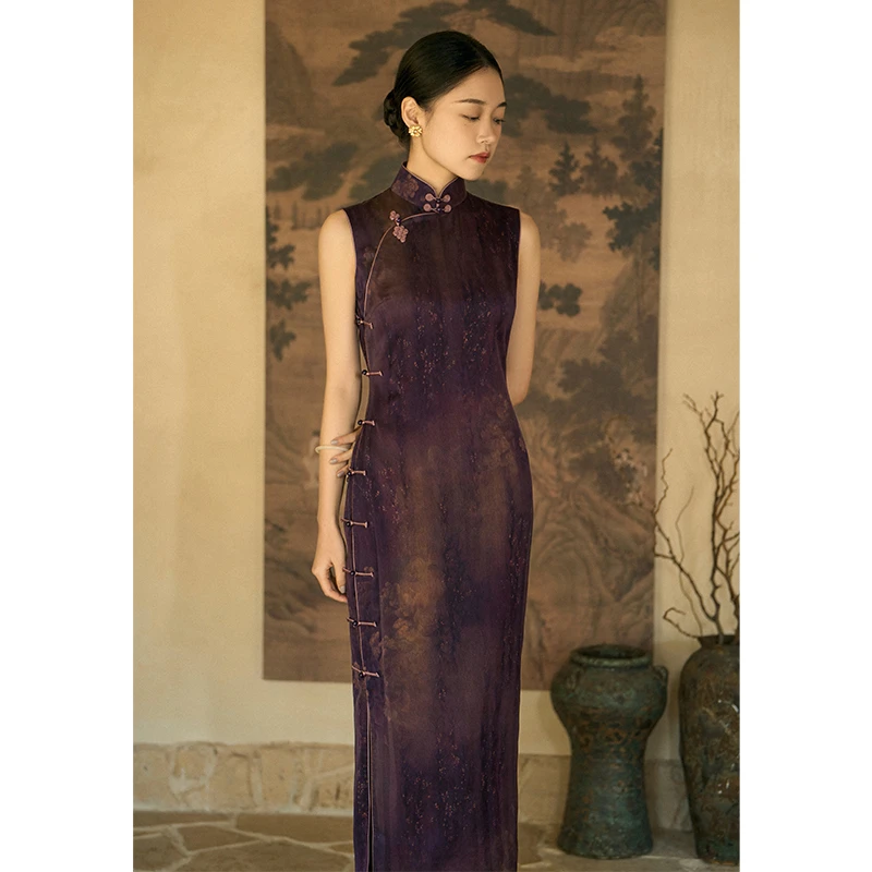 【紫绮】良辰媄锦桑蚕丝红云纱古法全开襟手工长款旗袍衣长约130CM