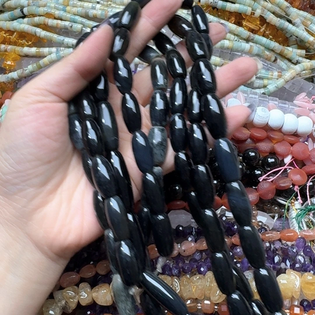 玛瑙/玉髓未镶嵌珠宝半成品一条9x19m黑玛瑙桶珠