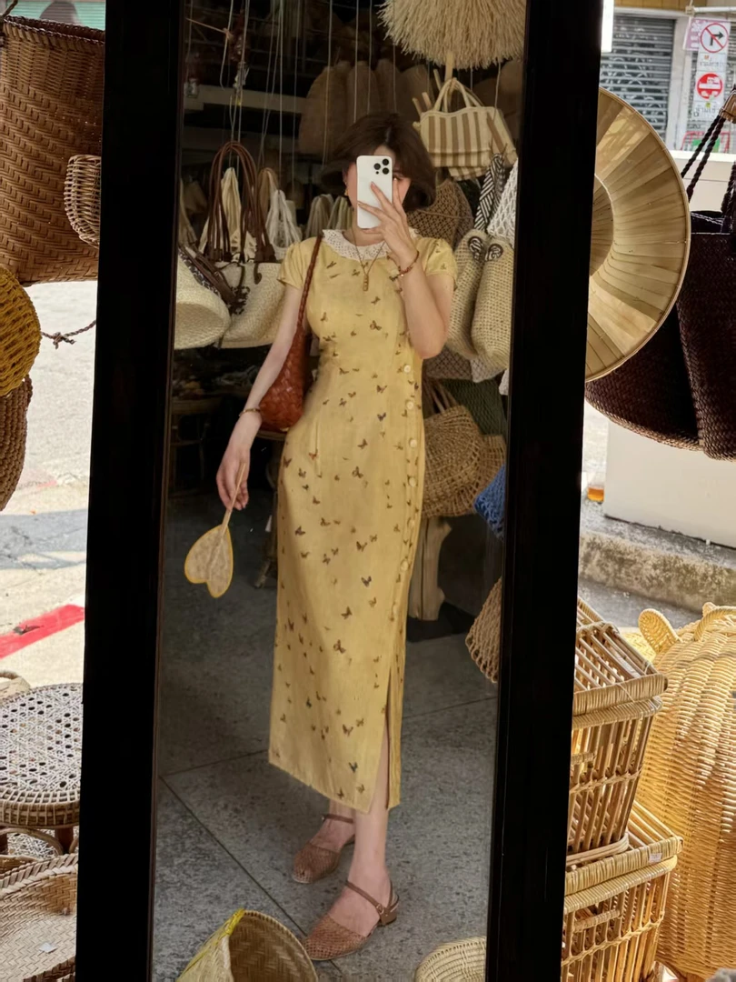 蕾英俊-晚香玉-春季新款改良新中式蕾丝领设计感收腰长裙-JF5977