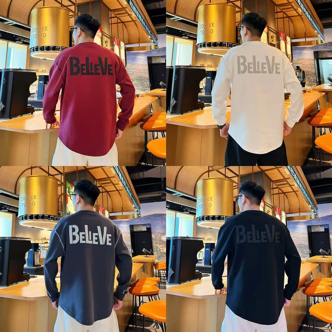 小众明线设计感撞色字母刺绣情侣同款休闲时尚百搭落肩圆领卫T