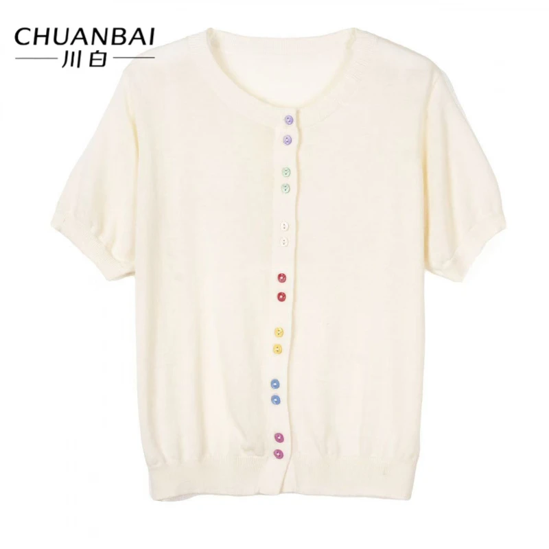 CHUANBAI 川白夏季再生纤维圆领彩虹双粒扣针织开衫时尚百搭短袖