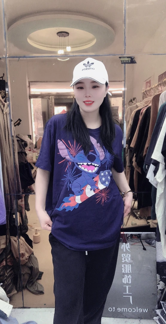 外贸纯棉T恤大码爱马仕蓝开心兔兔
