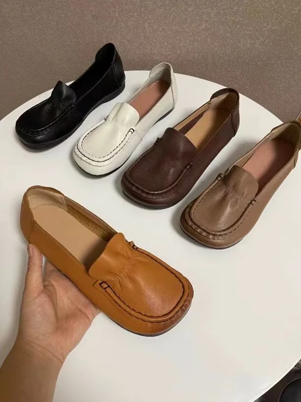 新款头层牛皮手工果冻软底舒适透气百搭休闲乐福单鞋