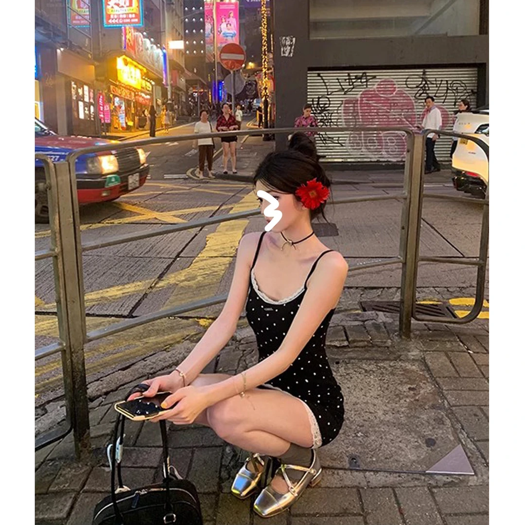 黑色波点吊带裙女短裙夏季辣妹裙子包臀裙吊带连衣裙女夏kk-08286