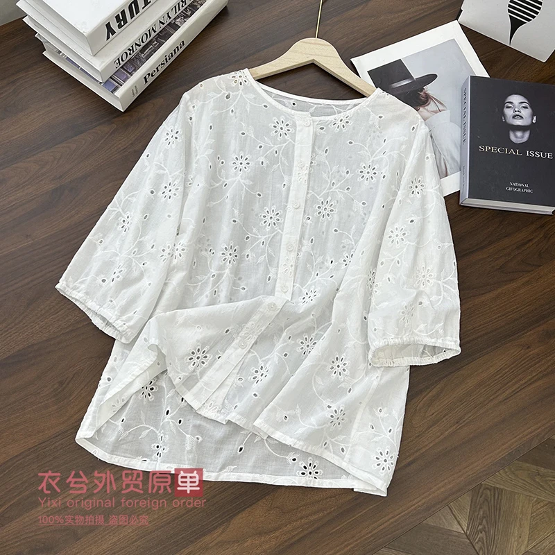 (衣兮精致刺绣小花上衣)2575夏季舒适棉质七分袖单排扣小衫W