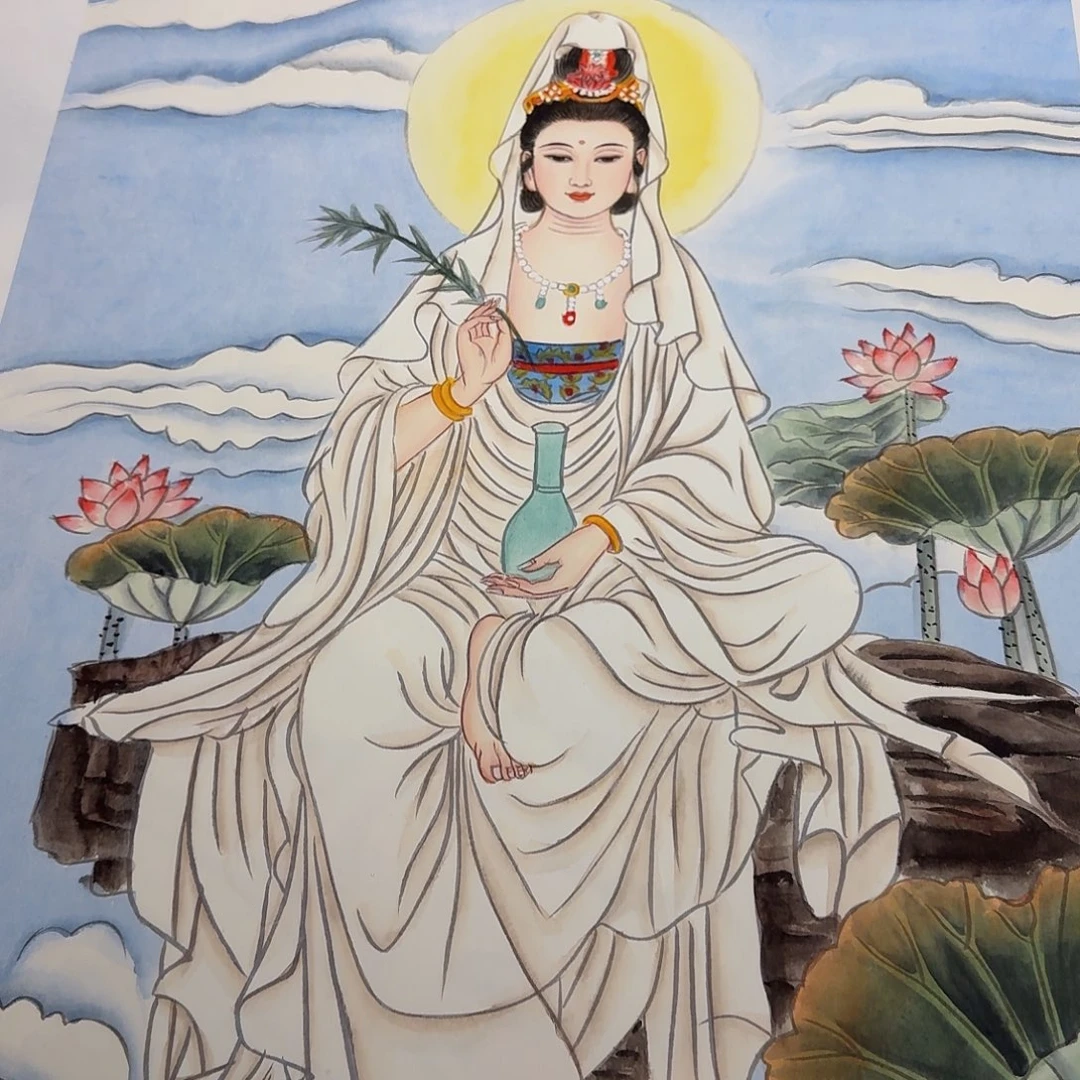 续***）国画坐莲观音一副作品