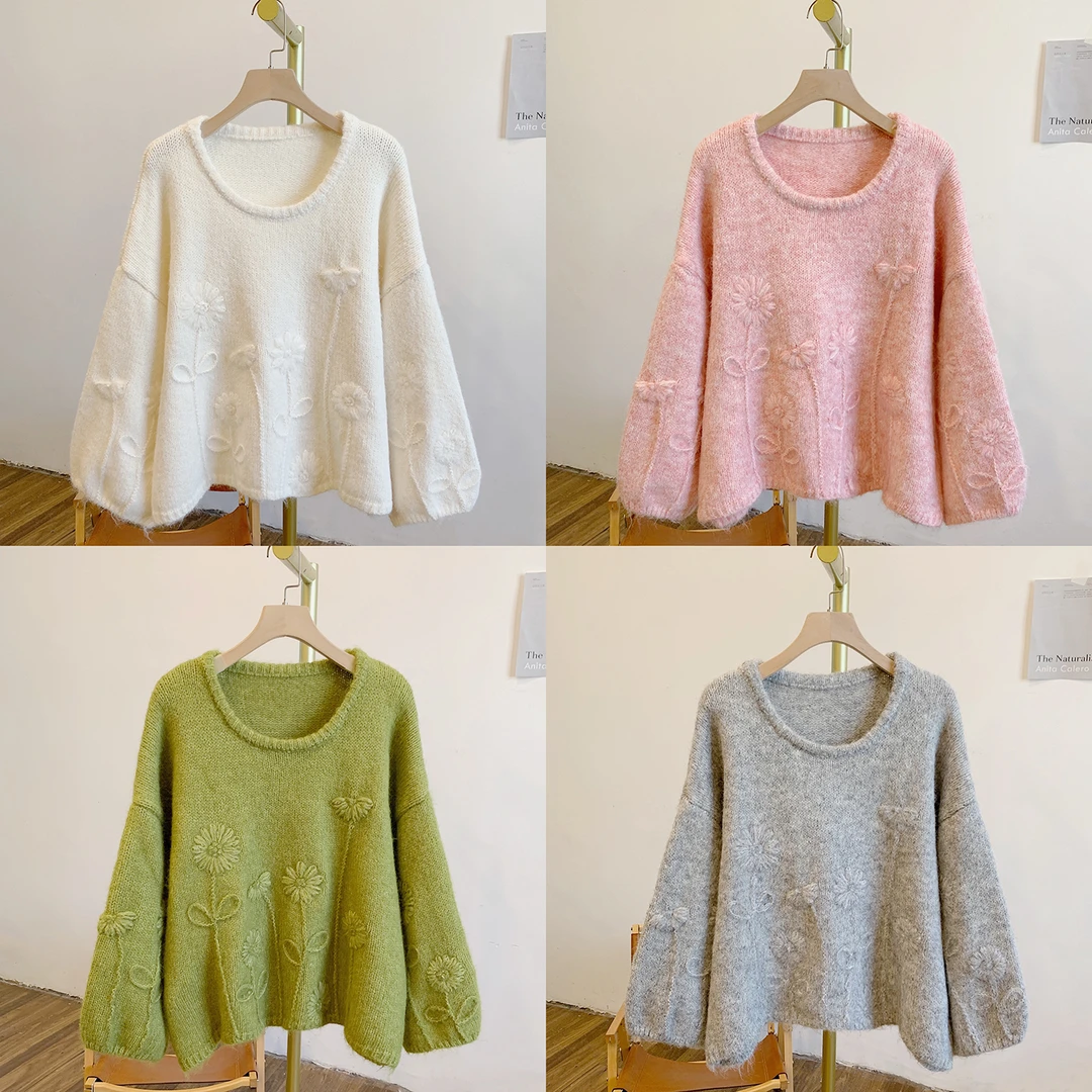 格桑花C4864钩花圆领针织毛衣