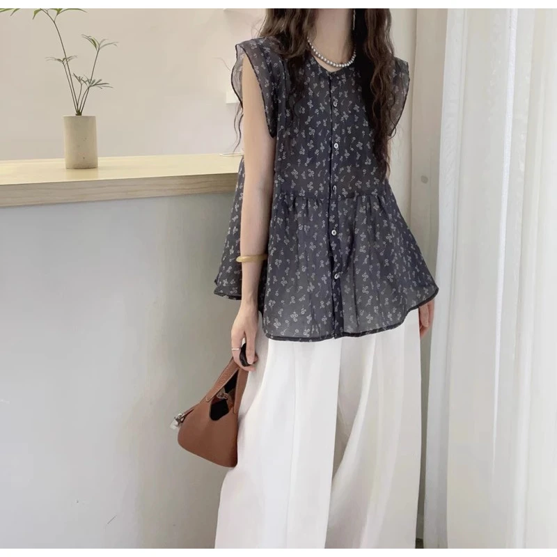 大码胖mm法式碎花小飞袖雪纺衫女夏季薄款遮肉无袖圆领小衫上