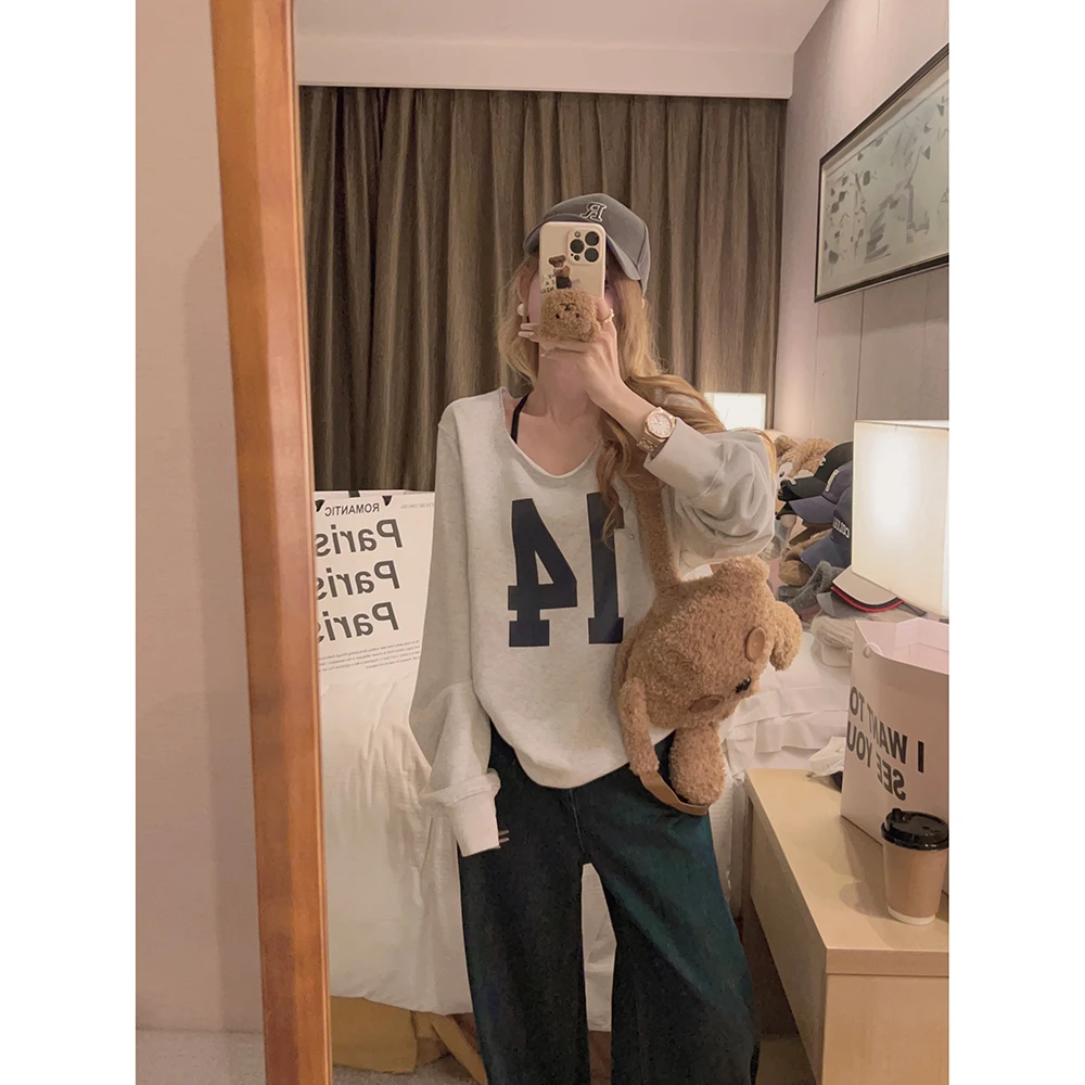 Yukiss直播 慵懒风美式圆领休闲卫衣 数字宽松休闲卫衣A4725