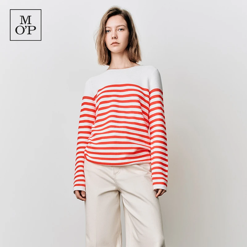 Marc O'Polo/MOP欧若风春季休闲时尚纯棉条纹圆领长袖T恤女上衣