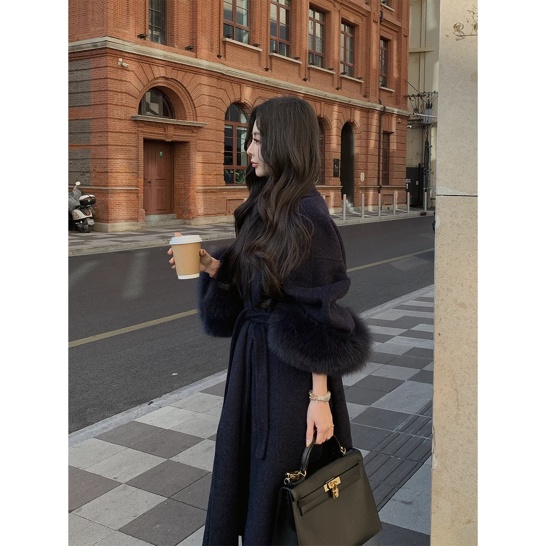 12/23 徐琳「沪上千金2.0」系带收腰狐狸毛长款双面呢大衣 x250556