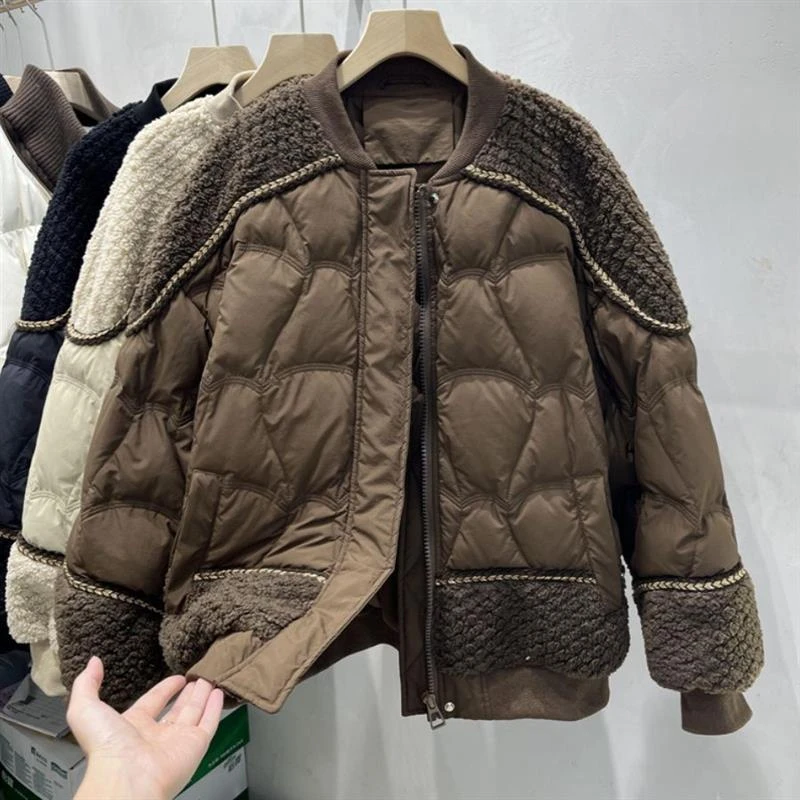 女圆领保暖棉服宽松厚款加厚网红时尚常规拼接棉衣