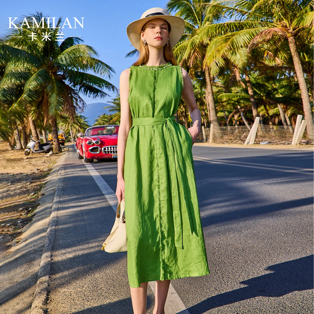 [100亚麻]卡米兰海边度假连衣裙女2025夏季新款收腰中长款背心裙