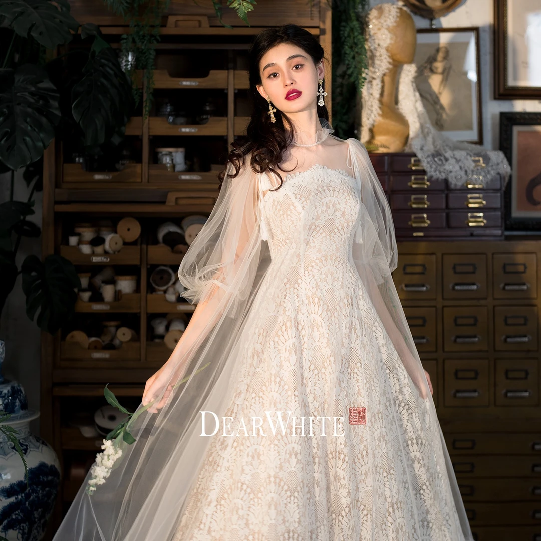 亲爱的白《非烟》原创蕾丝罩衫订婚礼服新娘白色连衣裙小白裙子女