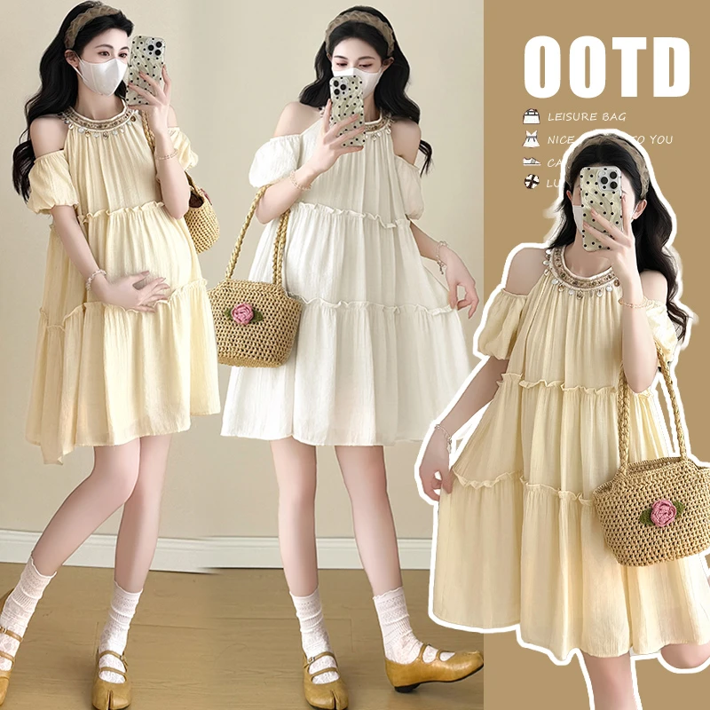 2025新款时尚度假风波西米亚风露肩气质宽松孕妇连衣裙